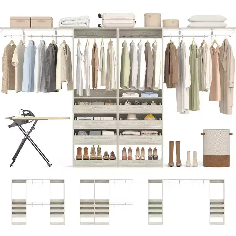 Sistema Armadio a 2 Ante e Cassetti in Legno, in Rovere Beige/Nero/Grigio/Bianco (Montaggio da 2 Persone)