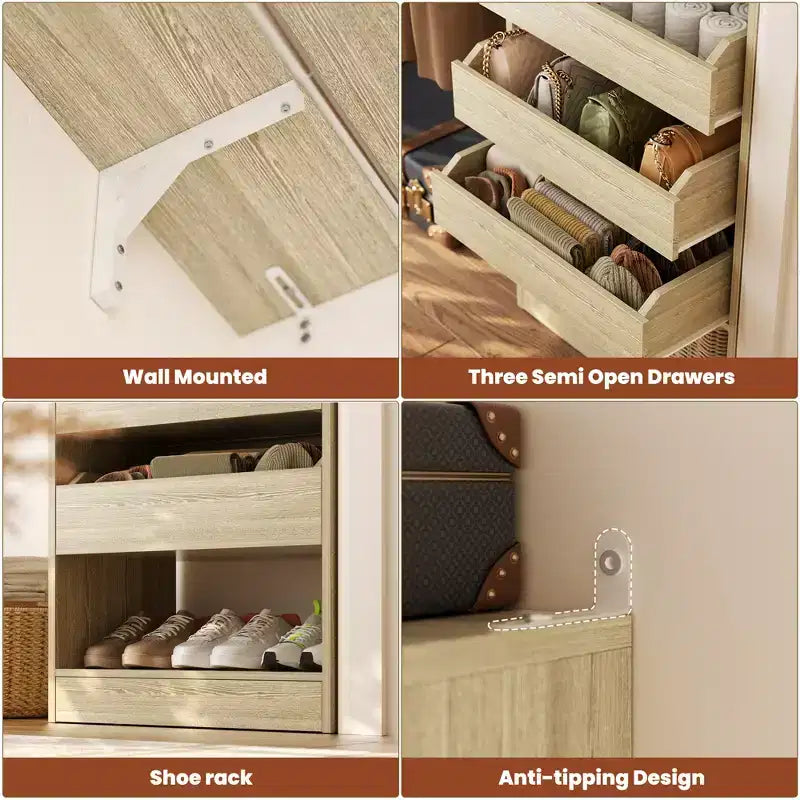 Sistema Armadio a 2 Ante e Cassetti in Legno, in Rovere Beige/Nero/Grigio/Bianco (Montaggio da 2 Persone)