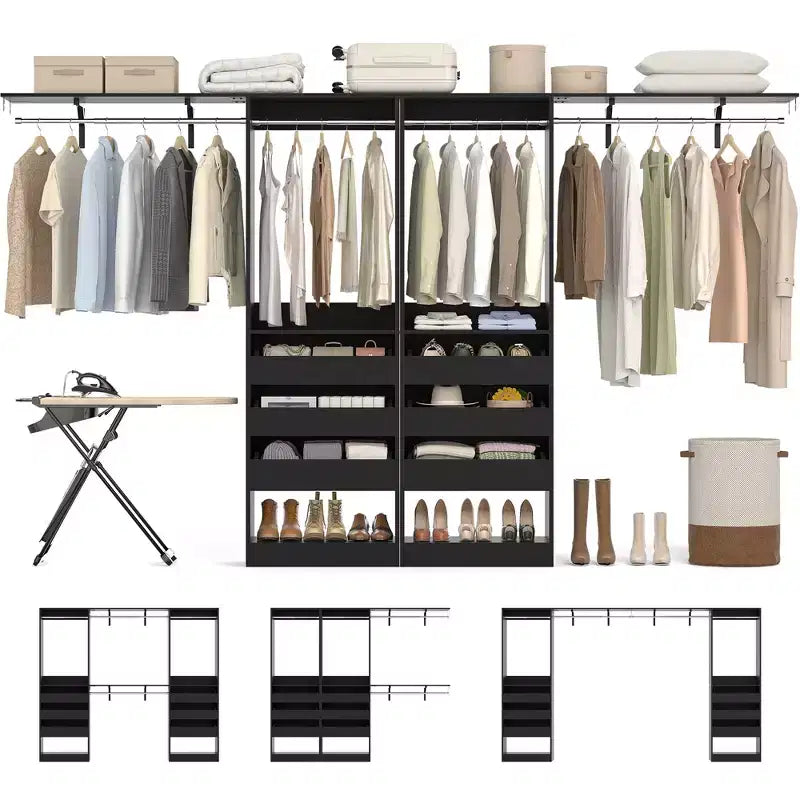 Sistema Armadio a 2 Ante e Cassetti in Legno, in Rovere Beige/Nero/Grigio/Bianco (Montaggio da 2 Persone)