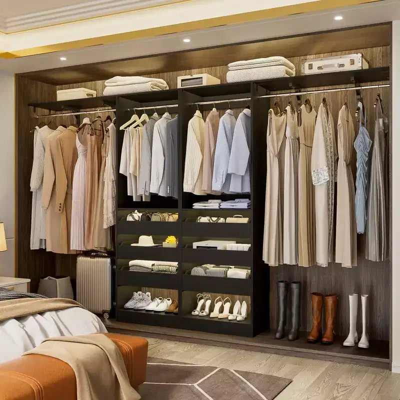 Sistema Armadio a 2 Ante e Cassetti in Legno, in Rovere Beige/Nero/Grigio/Bianco (Montaggio da 2 Persone)