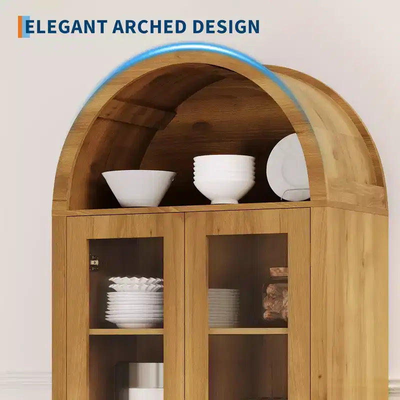 Credenza dispensa ad arco in rovere bianco con anta in acrilico, 5 ripiani regolabili, montaggio per una persona