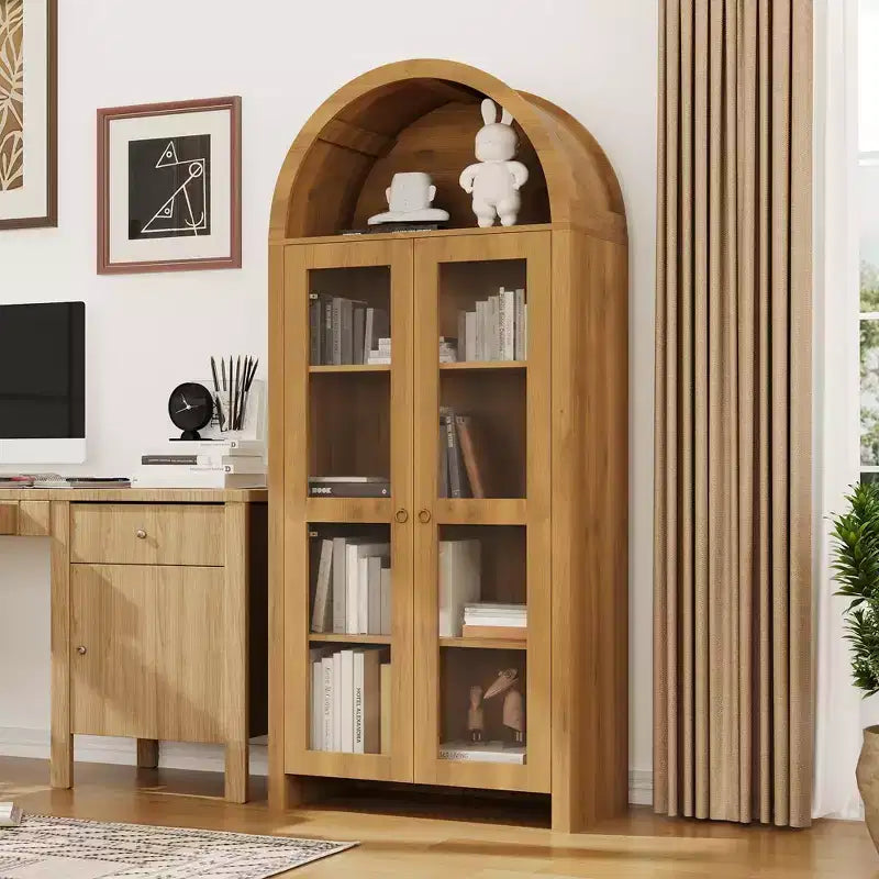 Credenza dispensa ad arco in rovere bianco con anta in acrilico, 5 ripiani regolabili, montaggio per una persona