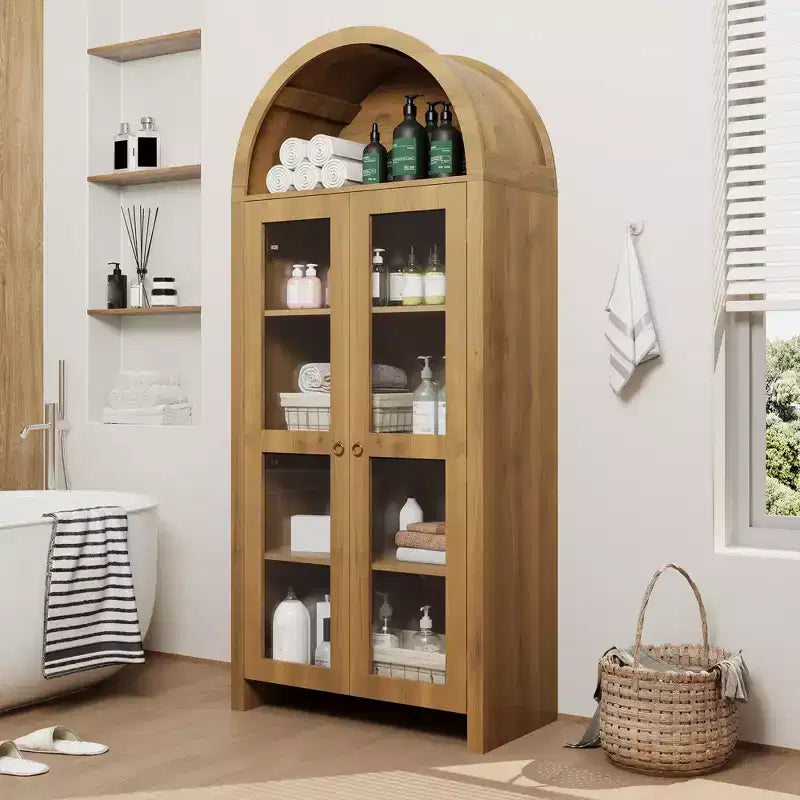 Credenza dispensa ad arco in rovere bianco con anta in acrilico, 5 ripiani regolabili, montaggio per una persona