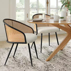 Poltroncina da pranzo imbottita bianca/nera, schienale in rattan, set da 2