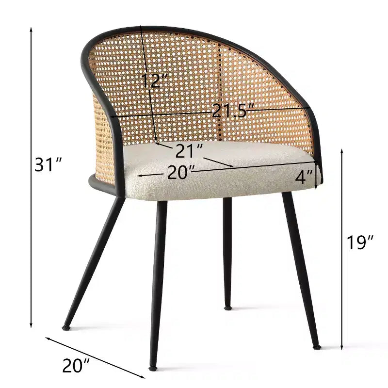 Poltroncina da pranzo imbottita bianca/nera, schienale in rattan, set da 2