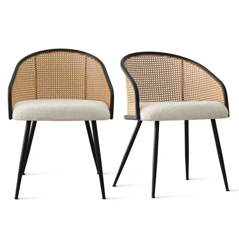 Poltroncina da pranzo imbottita bianca/nera, schienale in rattan, set da 2