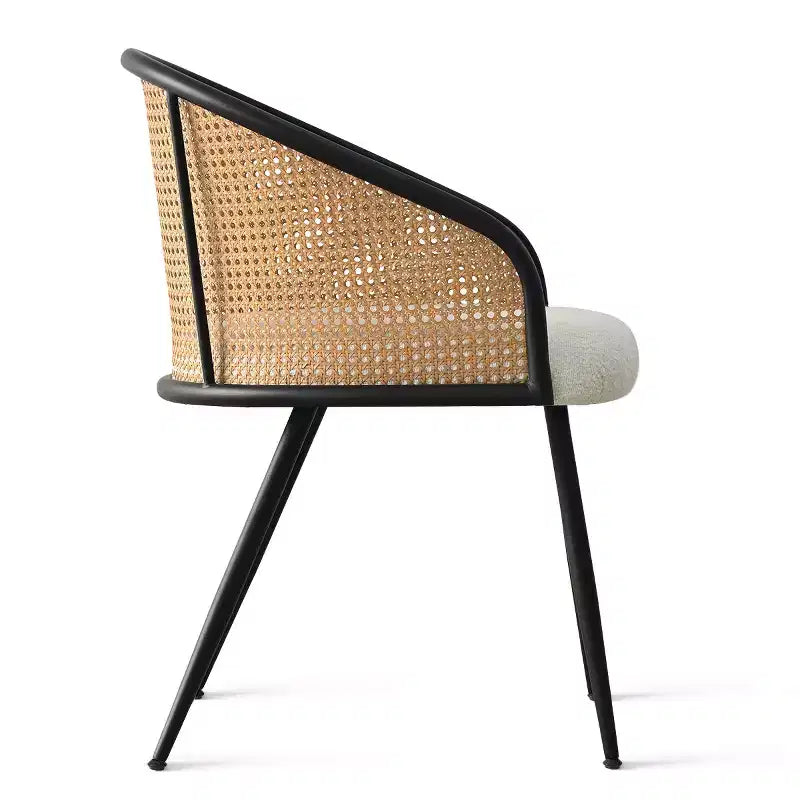 Poltroncina da pranzo imbottita bianca/nera, schienale in rattan, set da 2