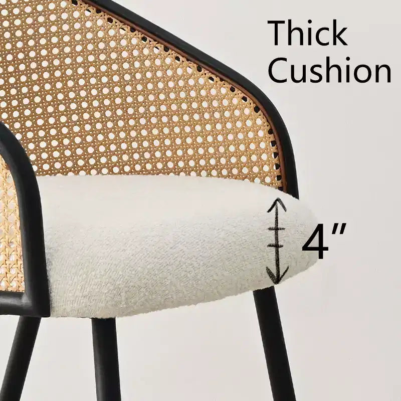 Poltroncina da pranzo imbottita bianca/nera, schienale in rattan, set da 2