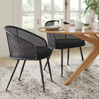 Poltroncina da pranzo imbottita bianca/nera, schienale in rattan, set da 2