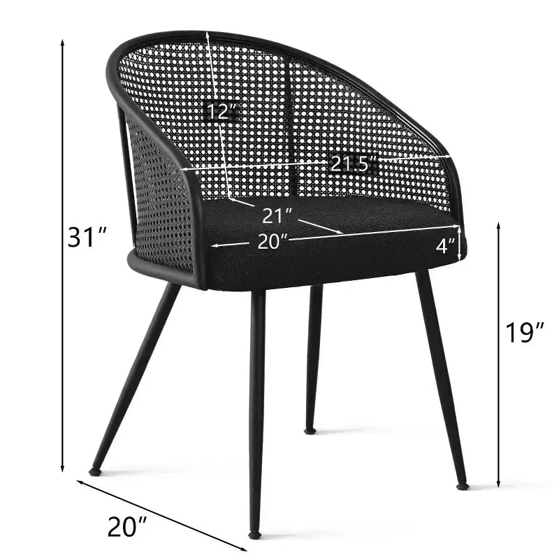 Poltroncina da pranzo imbottita bianca/nera, schienale in rattan, set da 2