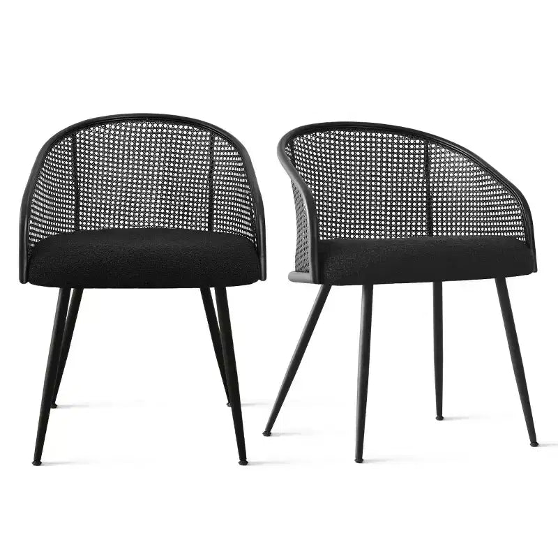 Poltroncina da pranzo imbottita bianca/nera, schienale in rattan, set da 2
