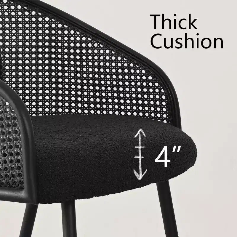 Poltroncina da pranzo imbottita bianca/nera, schienale in rattan, set da 2