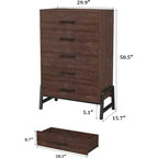 Cassettiera a 6 cassetti con gambe angolate, nero e legno / marrone-rosso / lino nero / legno naturale