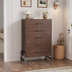 Cassettiera a 6 cassetti con gambe angolate, nero e legno / marrone-rosso / lino nero / legno naturale