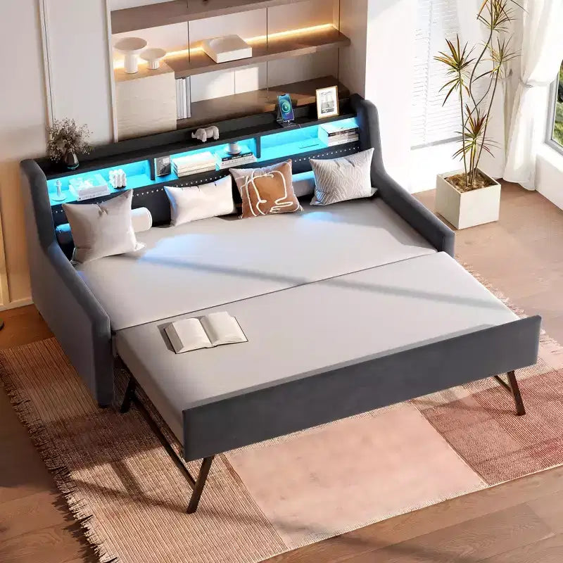 Letto singolo in velluto grigio scuro con letto estraibile, LED e stazione di ricarica, per 2 persone