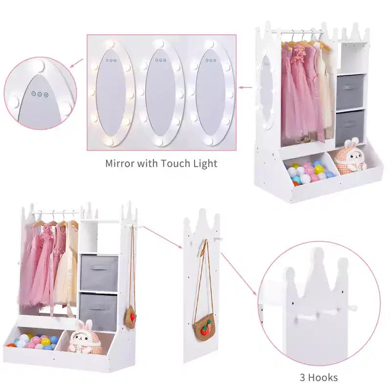 Armadio da travestimento rosa/bianco con specchio illuminato, asta appendiabiti e contenitore, per 1 bambina