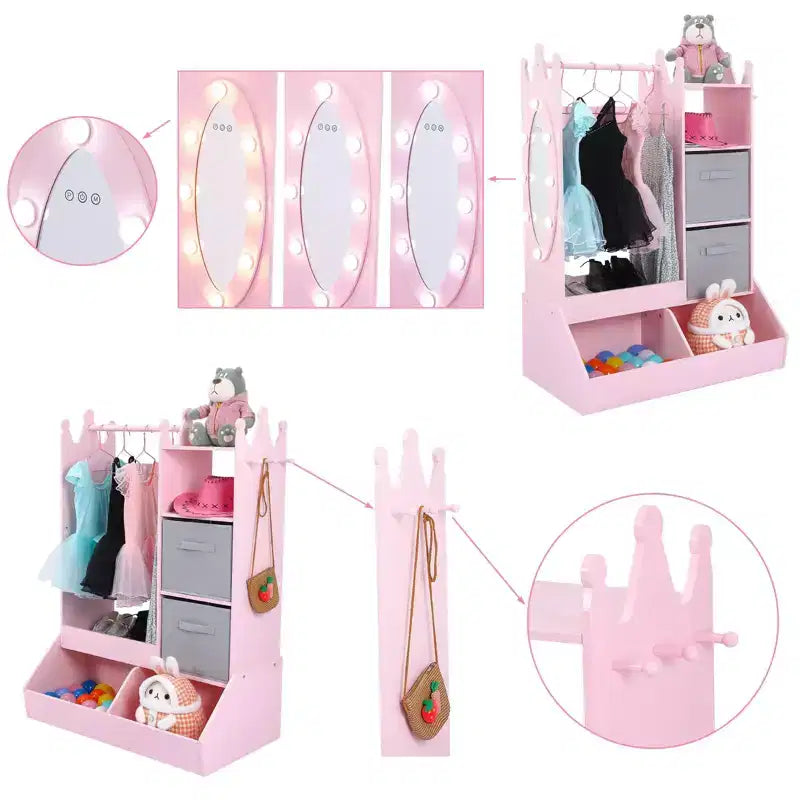 Armadio da travestimento rosa/bianco con specchio illuminato, asta appendiabiti e contenitore, per 1 bambina