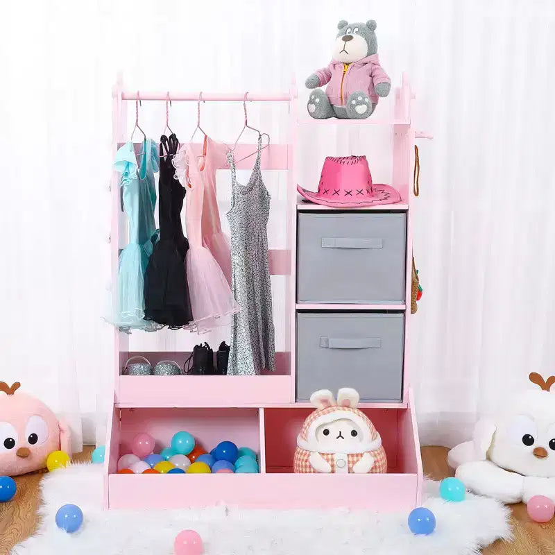 Kids Dress Up Armoire with Lighted Mirror, Costume Organizer w/Clothing Rack, Shelves, Bins & Hooks, Storage Wardrobe for Girls Bedroom