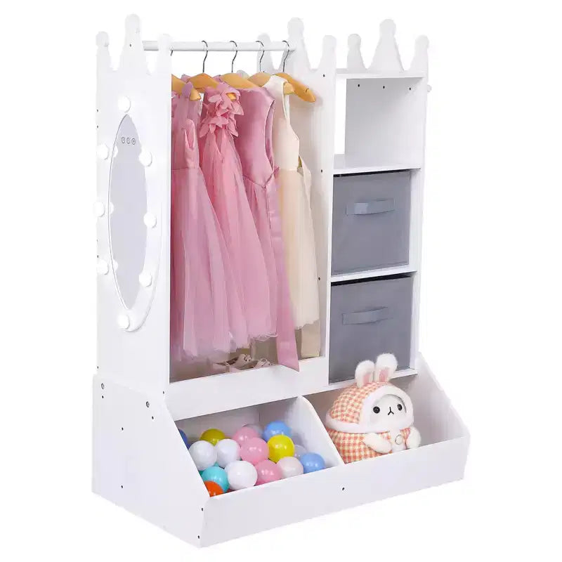 Armadio da travestimento rosa/bianco con specchio illuminato, asta appendiabiti e contenitore, per 1 bambina