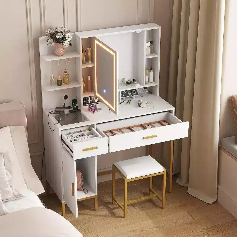 Scrivania Trucco Illuminata Bianca/Nera con Specchio, Sgabello e Contenitore – 1 Persona