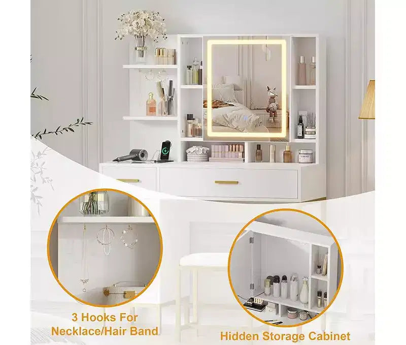 Scrivania Trucco Illuminata Bianca/Nera con Specchio, Sgabello e Contenitore – 1 Persona