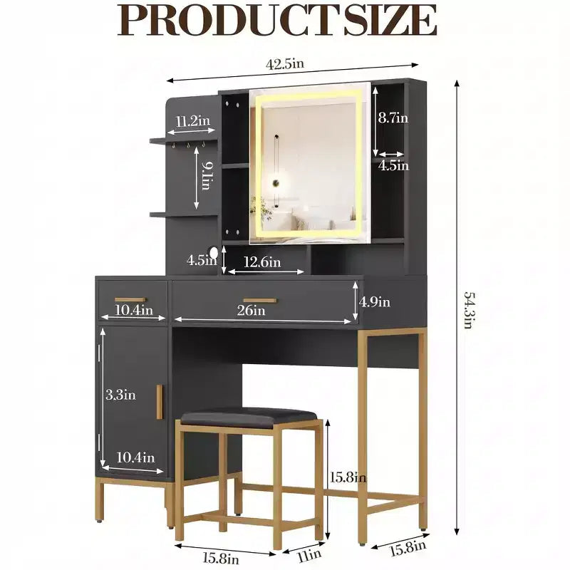 Scrivania Trucco Illuminata Bianca/Nera con Specchio, Sgabello e Contenitore – 1 Persona