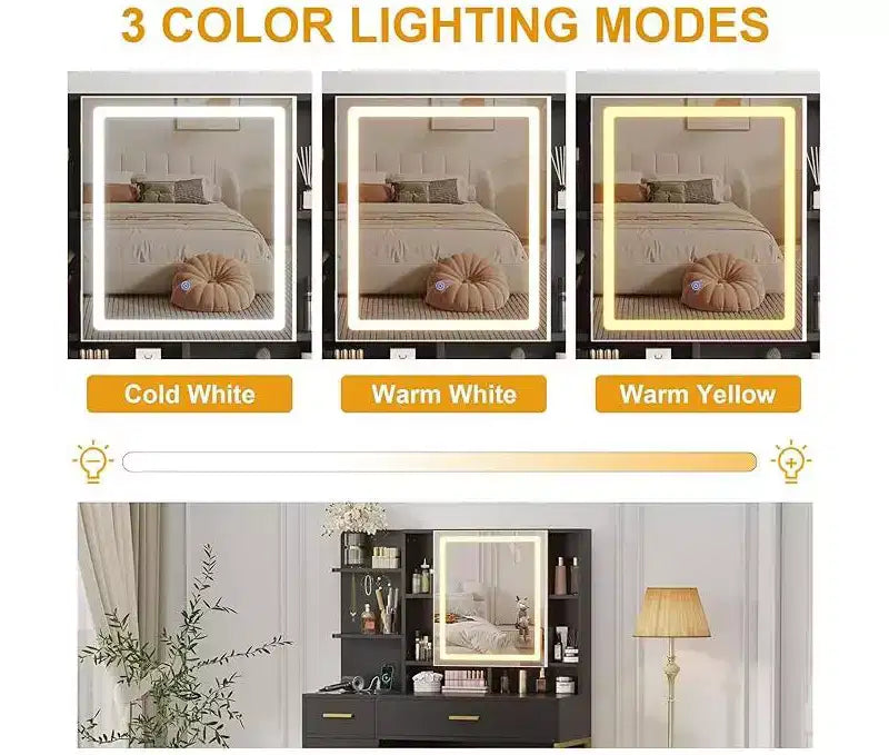 Scrivania Trucco Illuminata Bianca/Nera con Specchio, Sgabello e Contenitore – 1 Persona