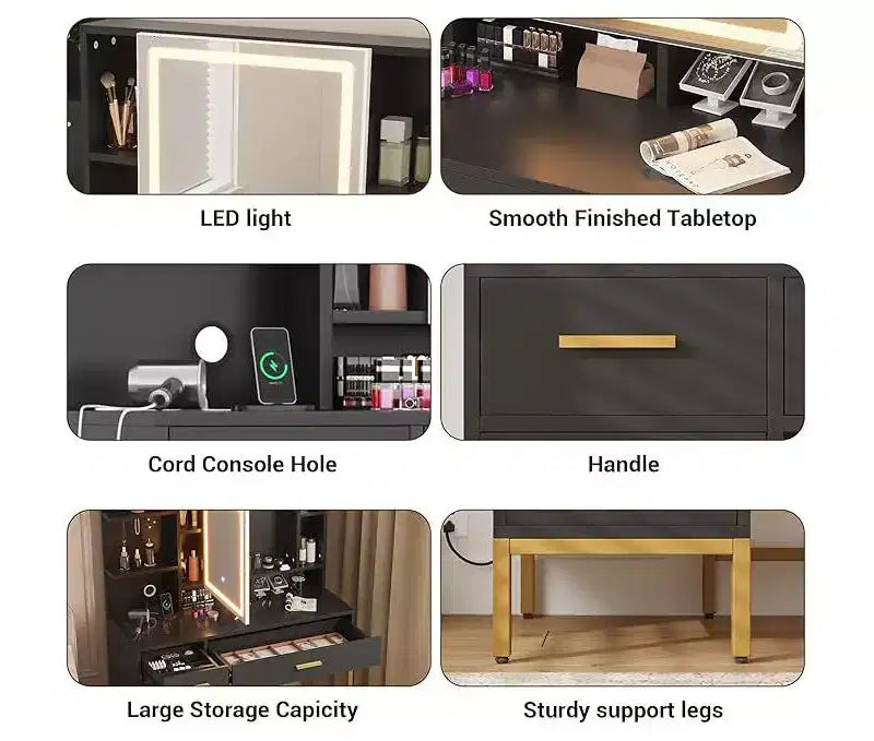 Scrivania Trucco Illuminata Bianca/Nera con Specchio, Sgabello e Contenitore – 1 Persona
