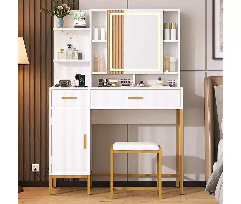 Scrivania Trucco Illuminata Bianca/Nera con Specchio, Sgabello e Contenitore – 1 Persona