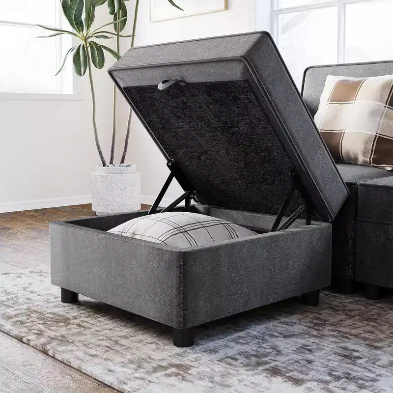 Divano singolo modulare grigio scuro con pouf contenitore, ciniglia, schienale e bracciolo regolabili, 1 posto