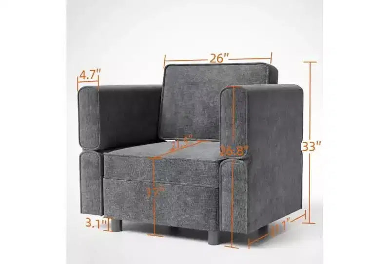 Divano singolo modulare grigio scuro con pouf contenitore, ciniglia, schienale e bracciolo regolabili, 1 posto