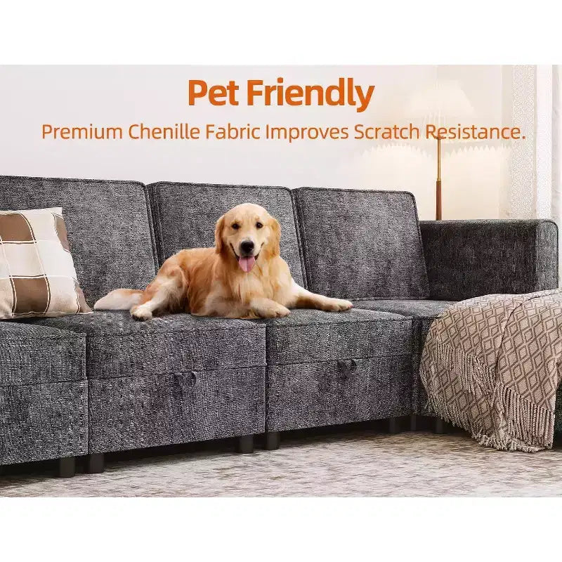Divano singolo modulare grigio scuro con pouf contenitore, ciniglia, schienale e bracciolo regolabili, 1 posto