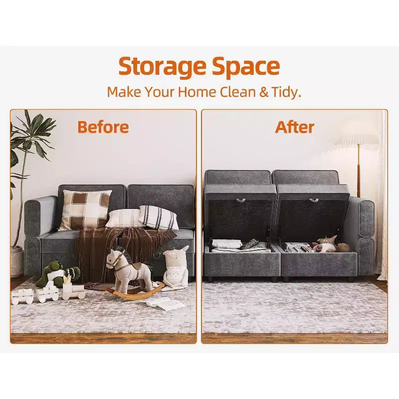Divano singolo modulare grigio scuro con pouf contenitore, ciniglia, schienale e bracciolo regolabili, 1 posto