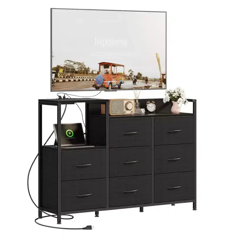 TUYOHW TV Stand with 8 Fabric Drawers & Charging Station,Entertainment Center with Open Shelves,Wood Top,Console Table for Living Room,Bedroom