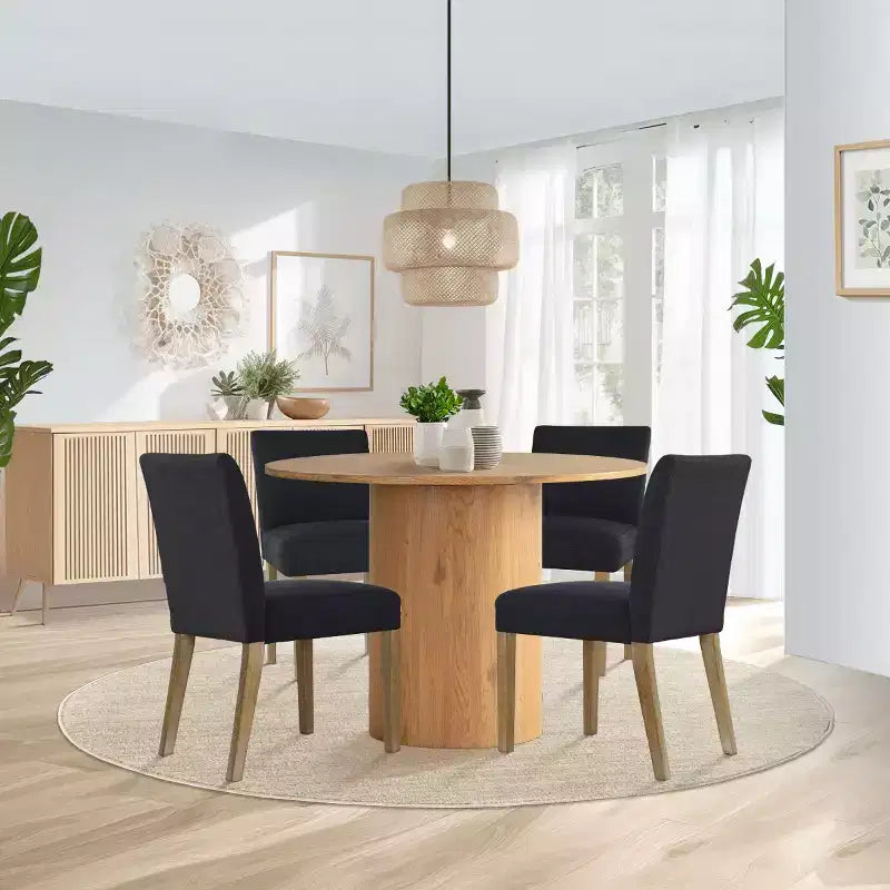 Set tavolo da pranzo rotondo, sedie imbottite, base a piedistallo, 4 posti