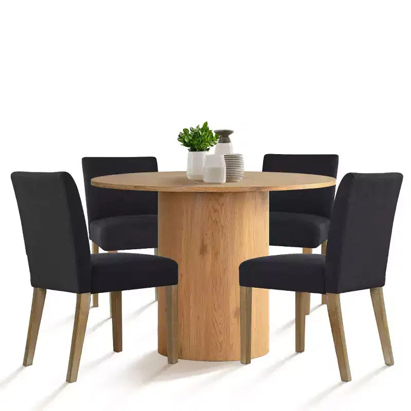 Set tavolo da pranzo rotondo, sedie imbottite, base a piedistallo, 4 posti