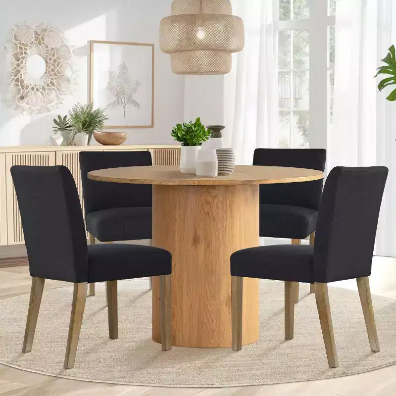 Set tavolo da pranzo rotondo, sedie imbottite, base a piedistallo, 4 posti