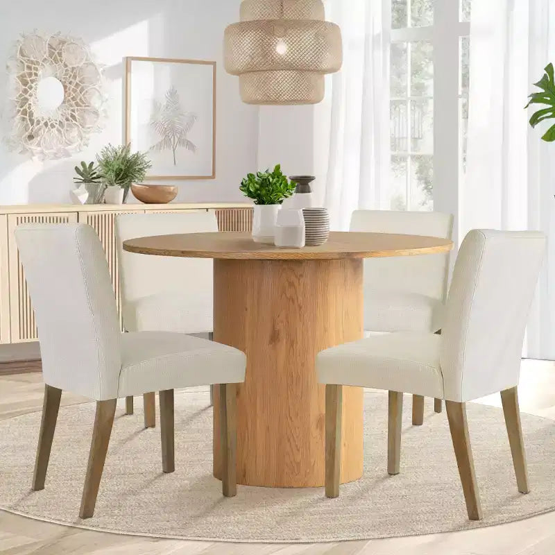 Set tavolo da pranzo rotondo, sedie imbottite, base a piedistallo, 4 posti