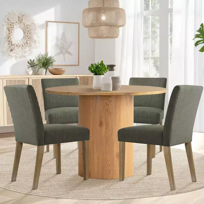 Set tavolo da pranzo rotondo, sedie imbottite, base a piedistallo, 4 posti
