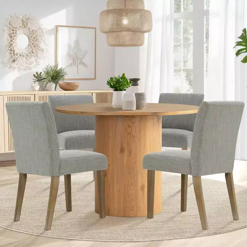 Set tavolo da pranzo rotondo, sedie imbottite, base a piedistallo, 4 posti