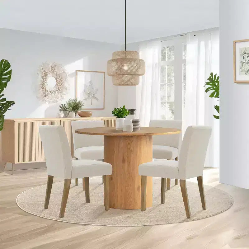Set tavolo da pranzo rotondo, sedie imbottite, base a piedistallo, 4 posti