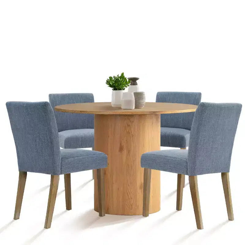 Set tavolo da pranzo rotondo, sedie imbottite, base a piedistallo, 4 posti