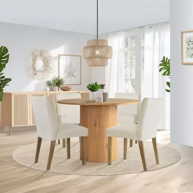 Set tavolo da pranzo rotondo, sedie imbottite, base a piedistallo, 4 posti