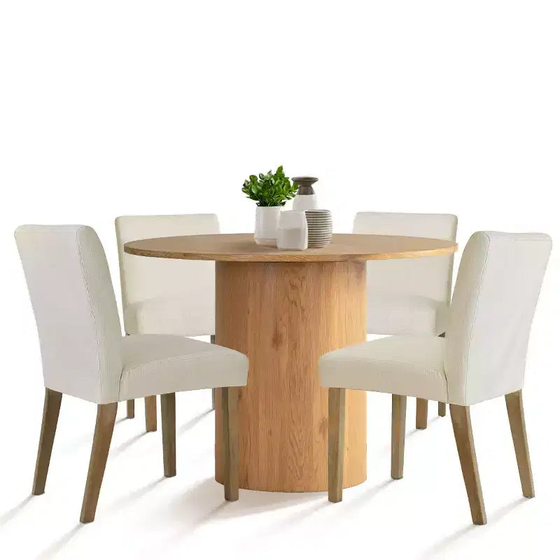 Set tavolo da pranzo rotondo, sedie imbottite, base a piedistallo, 4 posti