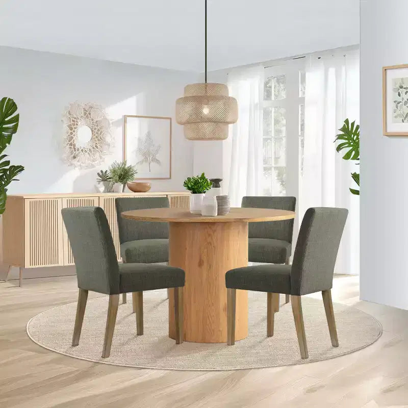 Set tavolo da pranzo rotondo, sedie imbottite, base a piedistallo, 4 posti