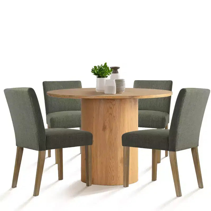 Set tavolo da pranzo rotondo, sedie imbottite, base a piedistallo, 4 posti