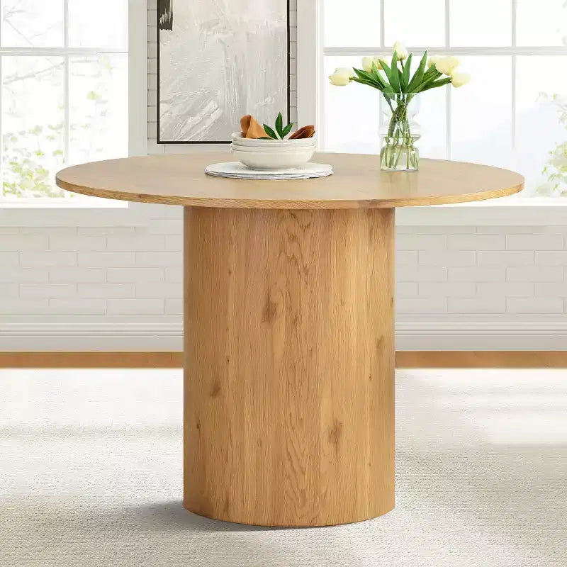Set tavolo da pranzo rotondo, sedie imbottite, base a piedistallo, 4 posti