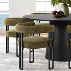 Set tavolo da pranzo rotondo con base a piedistallo, nero/rovere, sedie in ciniglia imbottite, 6 posti
