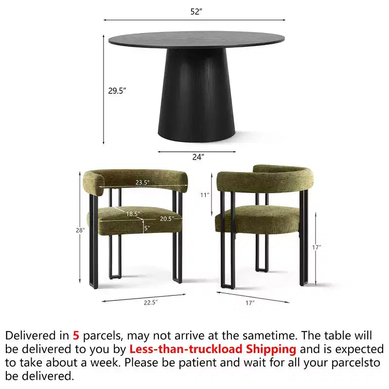 Set tavolo da pranzo rotondo con base a piedistallo, nero/rovere, sedie in ciniglia imbottite, 6 posti