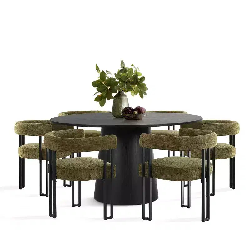 Set tavolo da pranzo rotondo con base a piedistallo, nero/rovere, sedie in ciniglia imbottite, 6 posti